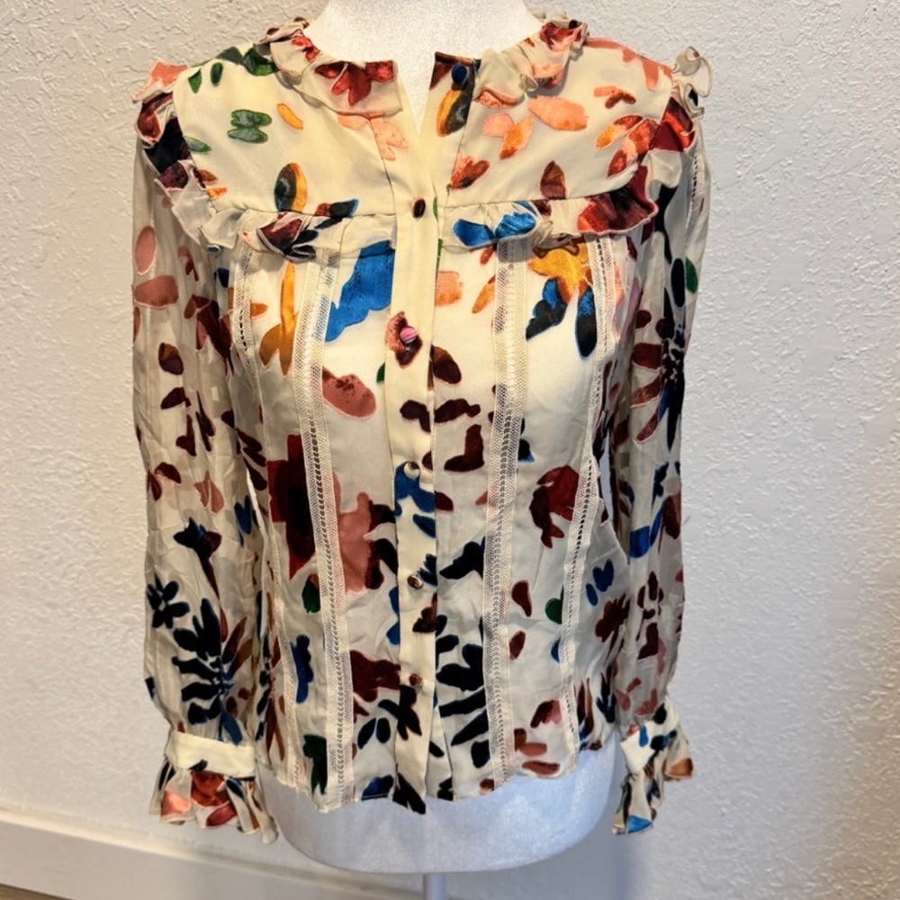 Alice and Olivia Printed Ruffle-Yoke Long Sleeve Top - Cream Multi